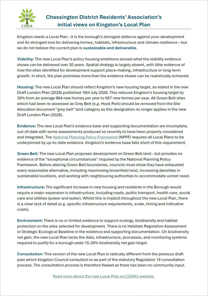 CDRA's initial views on Kingston's Local Plan